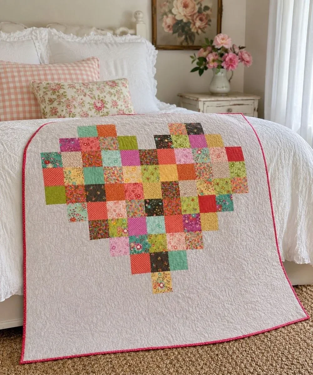 Handmade Heart Patchwork Quilt | Floral Cottagecore Throw | Pink & White Quilted